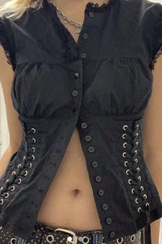 Vintage Black Aesthetic Button Crop Top
