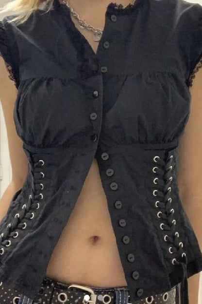 Vintage Black Aesthetic Button Crop Top