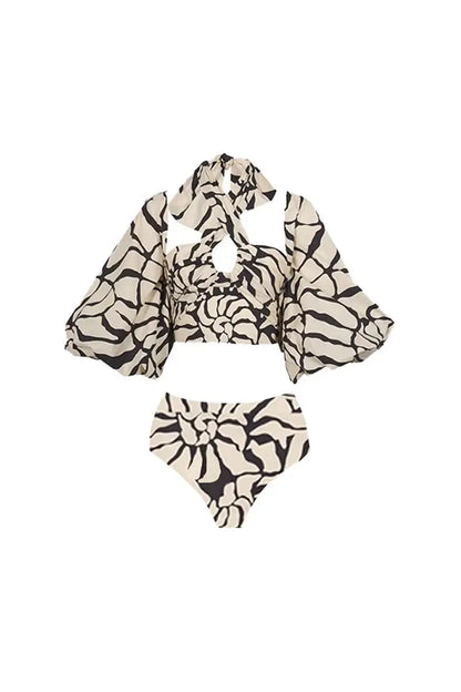Conjunto de traje de baño con cuello halter y mangas desmontables