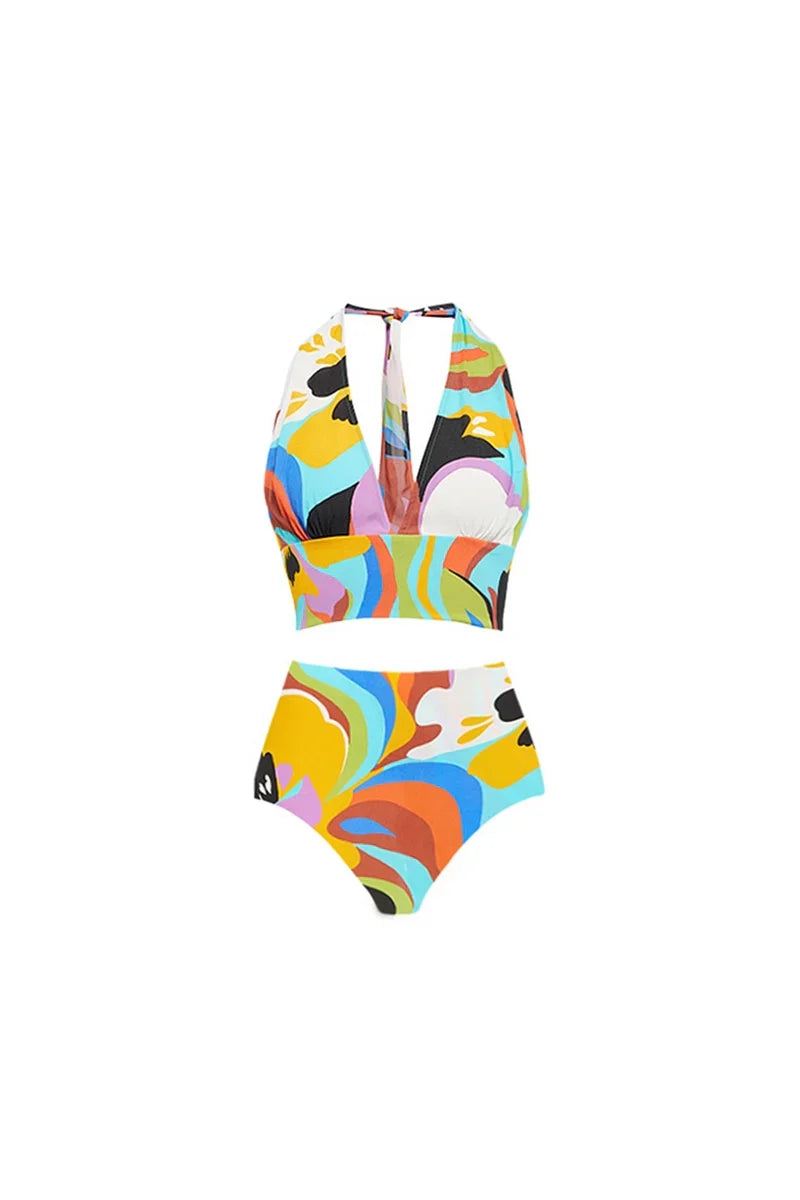 Conjunto de traje de baño sexy con estampado de cuello halter en V profundo