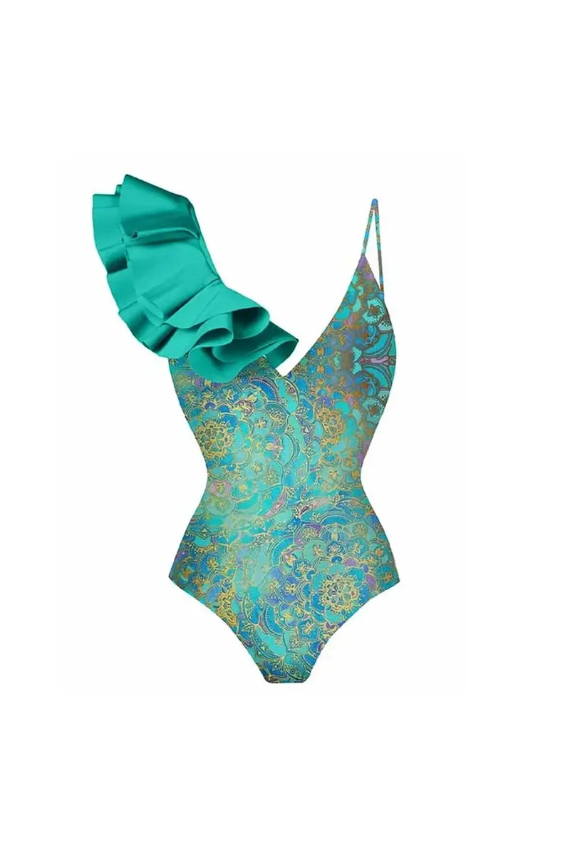 Conjunto de traje de baño de una pieza con estampado de volantes bohemios