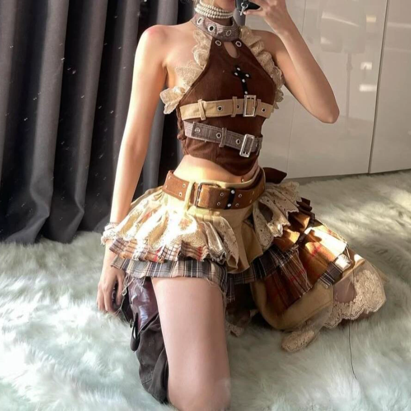 Lace hem buckle hollow out pleated mini skirt set  | Festival Outfits Women