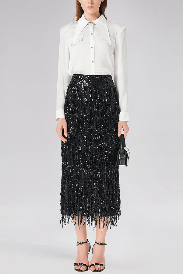 Evening Charm Layered Sequined Tassels High Rise Back Zipper Slit Midi Skirt
