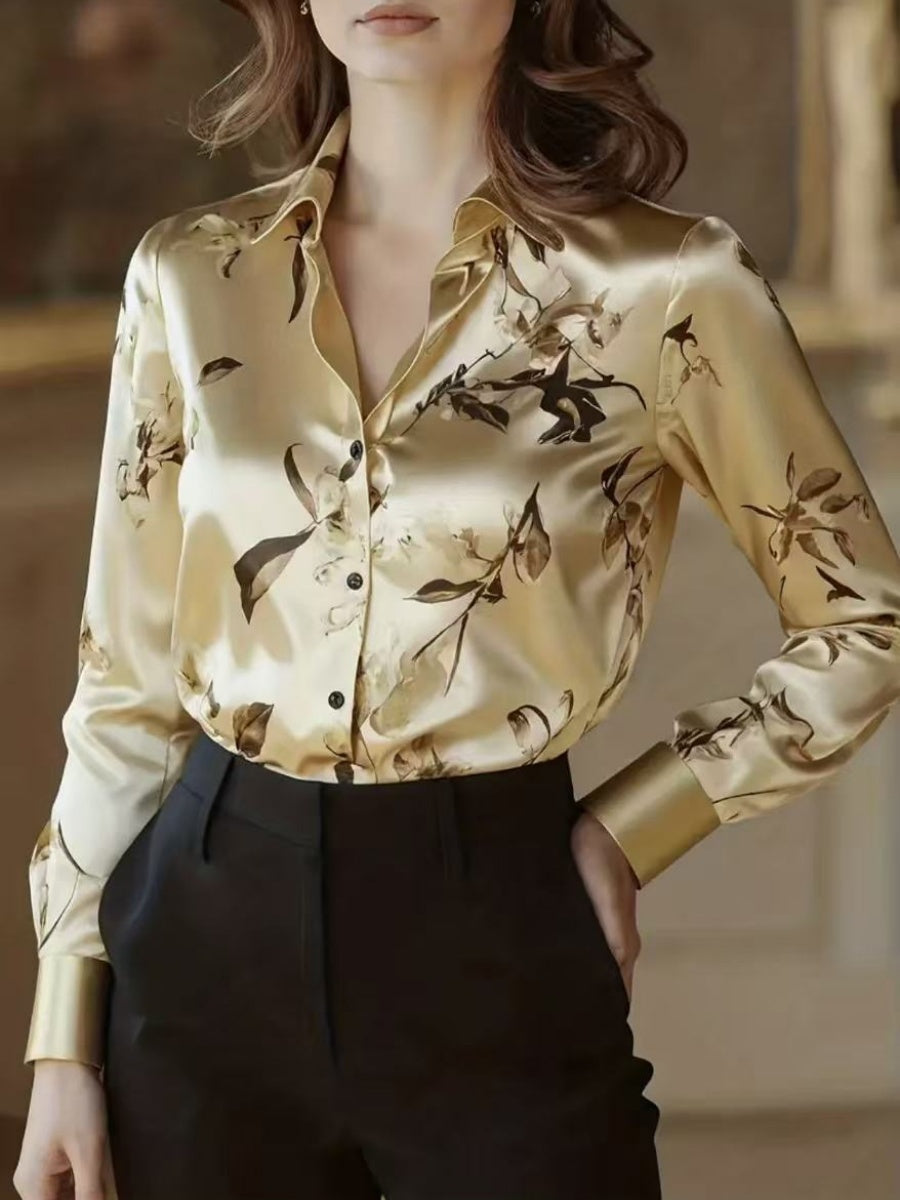 Printed Single-breasted Slim-fit Satin Casual Shirts