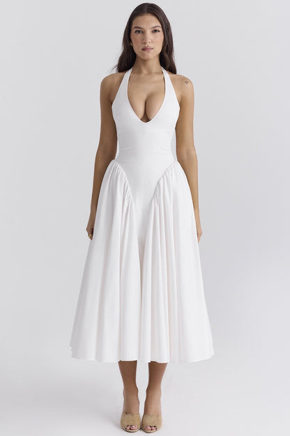 Vestido midi de algodón blanco con cuello halter