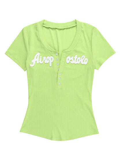 V Neck Letter Print Short Sleeve Knits
