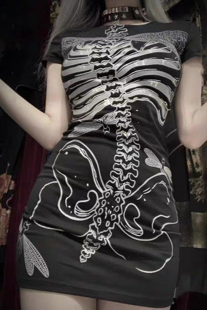 Dark Gothic Skeleton Bone Print Sheer Slim Dress