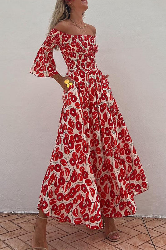 Vacation style fashionable floral print pleated one shoulder design pocket long dress