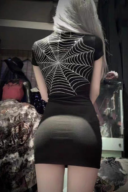Dark Gothic Skeleton Bone Print Sheer Slim Dress