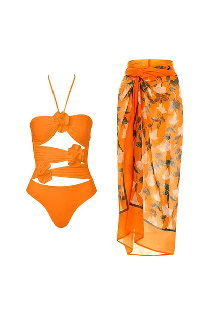 Traje de baño de una pieza sin espalda con estampado floral 3D estilo halter