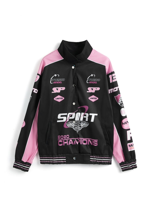 Retro Print Contrast Color Moto Jacket