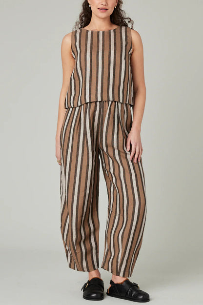 Striped Printed Crew Neck Sleeveless Top and Elastic Waist Wide-leg Pants Set