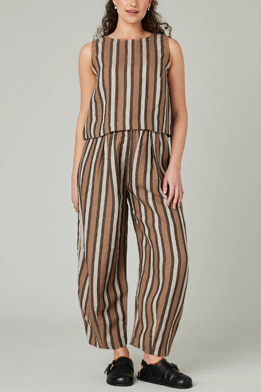 Striped Printed Crew Neck Sleeveless Top and Elastic Waist Wide-leg Pants Set