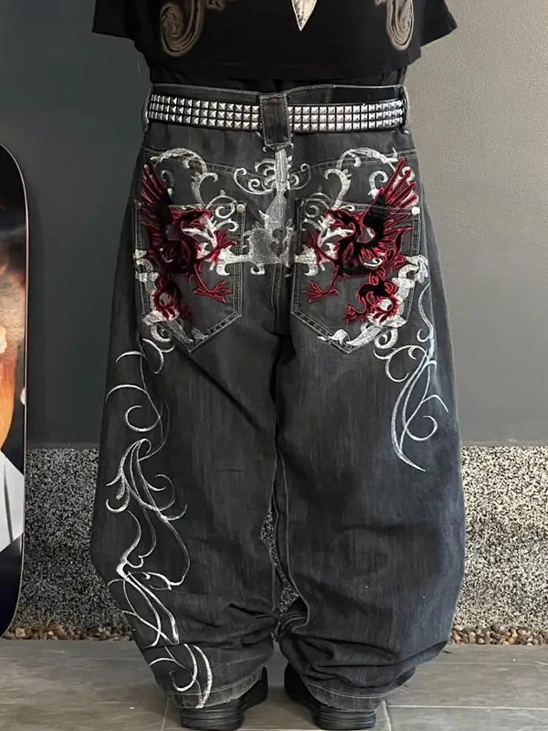 Dark Gothic Skull Print Boyfriend Jeans