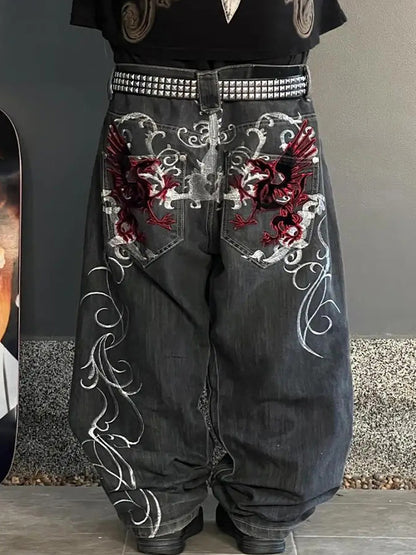 Dark Gothic Skull Print Boyfriend Jeans