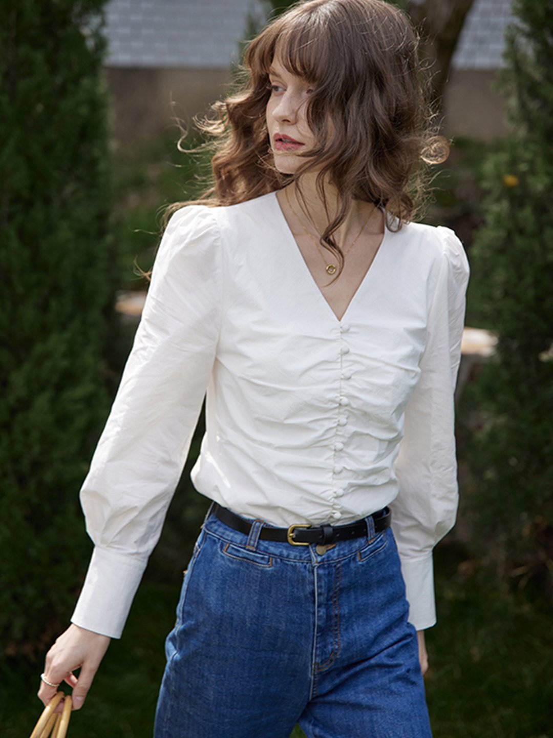 Jasmine Elegant V-Neck Puff sleeve Top-Blue