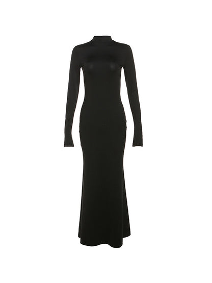 Solid Crew Neck Backless Long Sleeve Maxi Dress