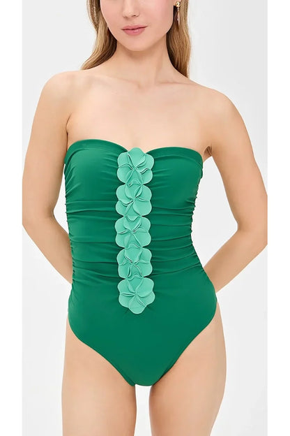Traje de baño sin tirantes con estampado floral 3D verde