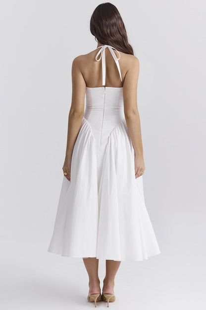 Vestido midi de algodón blanco con cuello halter