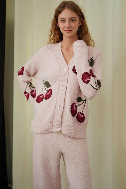 Conjunto de pijama tipo cárdigan de terciopelo suave con cerezas
