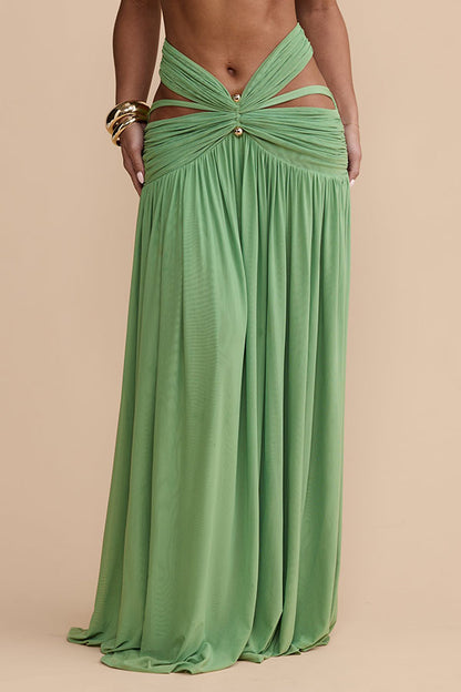 Green Off Shoulder Halter Ruched Two Piece Maxi Skirt Set Sexy Cut Out Resort Dress