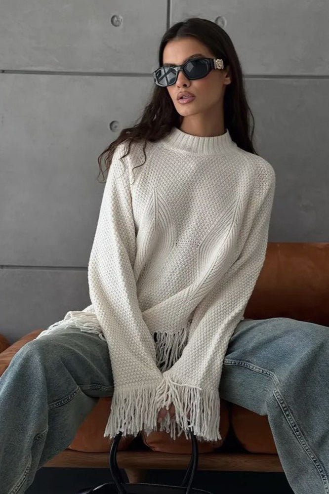 Fringe Round Neck Knit Asymmetric Blouse