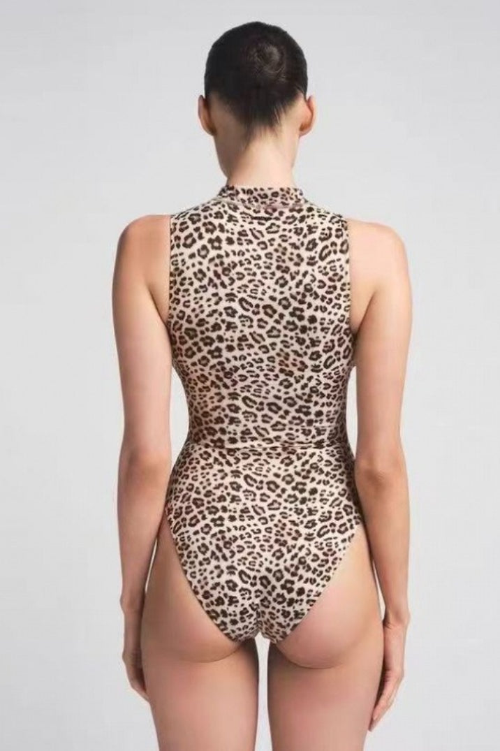 Sexy Leopard Print Zipper Front Bodysuit
