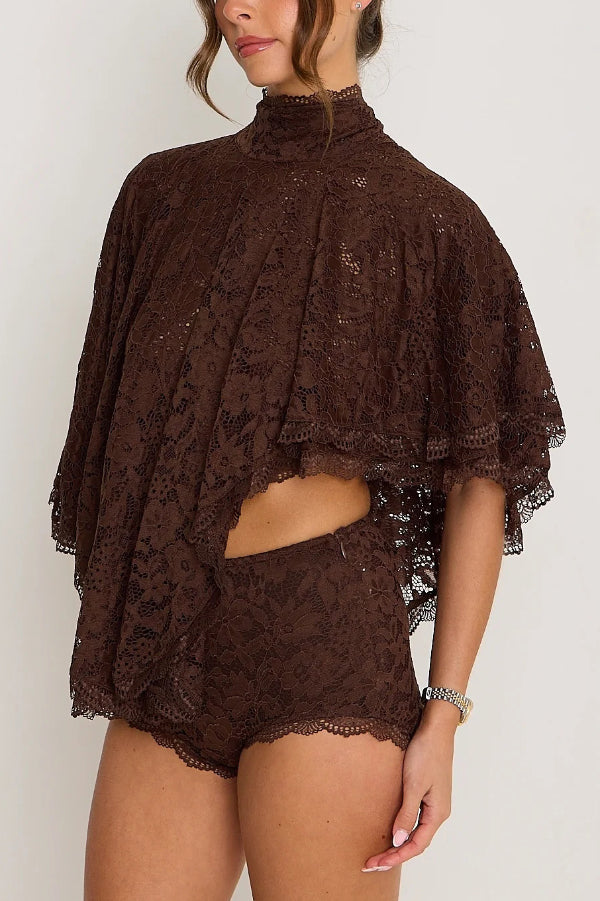 Stylish Openwork Lace Loose Top and Side Zipper Slim-fit Shorts Set