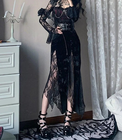 Lace Stitching Long Sleeve Midi Dress