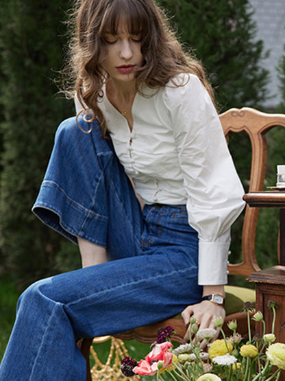 Jasmine Elegant V-Neck Puff sleeve Top-Blue