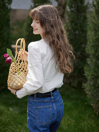 Jasmine Elegant V-Neck Puff sleeve Top-Blue