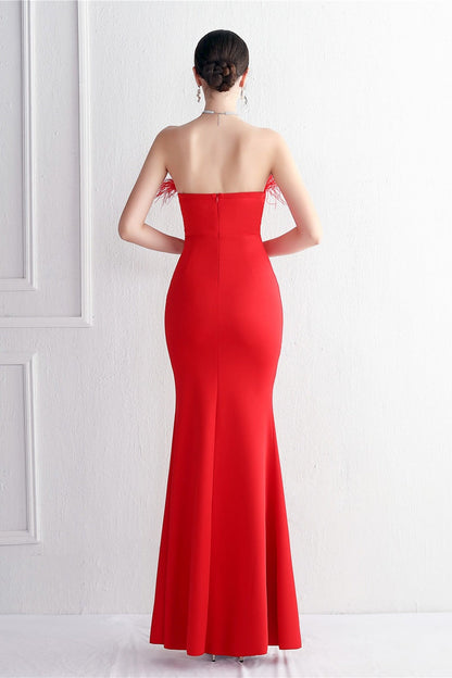 Elegant Feather Trim Strapless Formal Dress