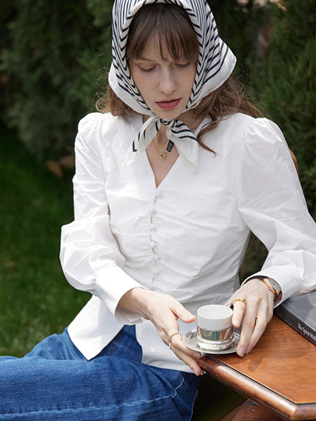 Jasmine Elegant V-Neck Puff sleeve Top-Blue