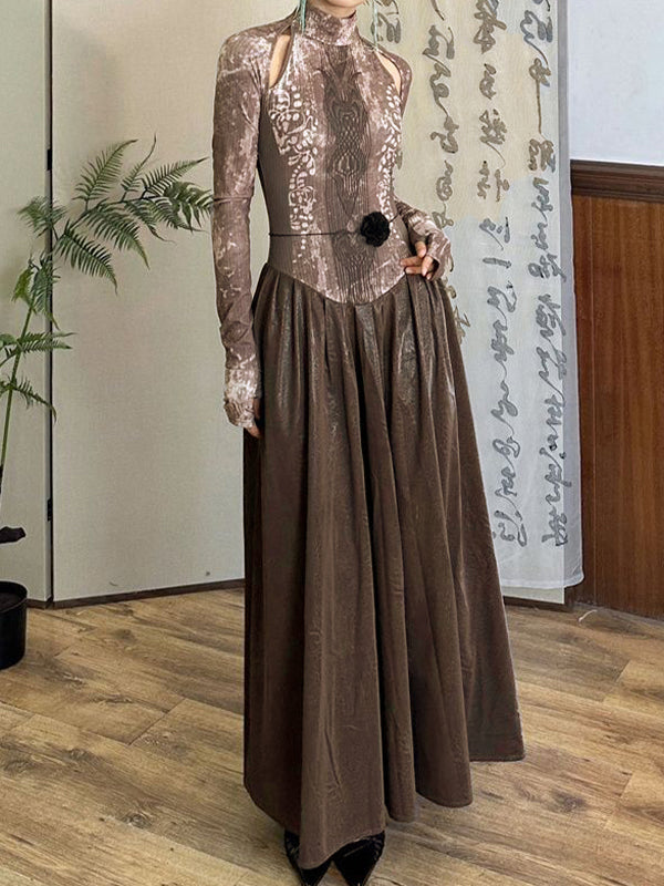 Tribal Print Splice Long Sleeve Maxi Dress