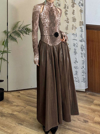 Tribal Print Splice Long Sleeve Maxi Dress