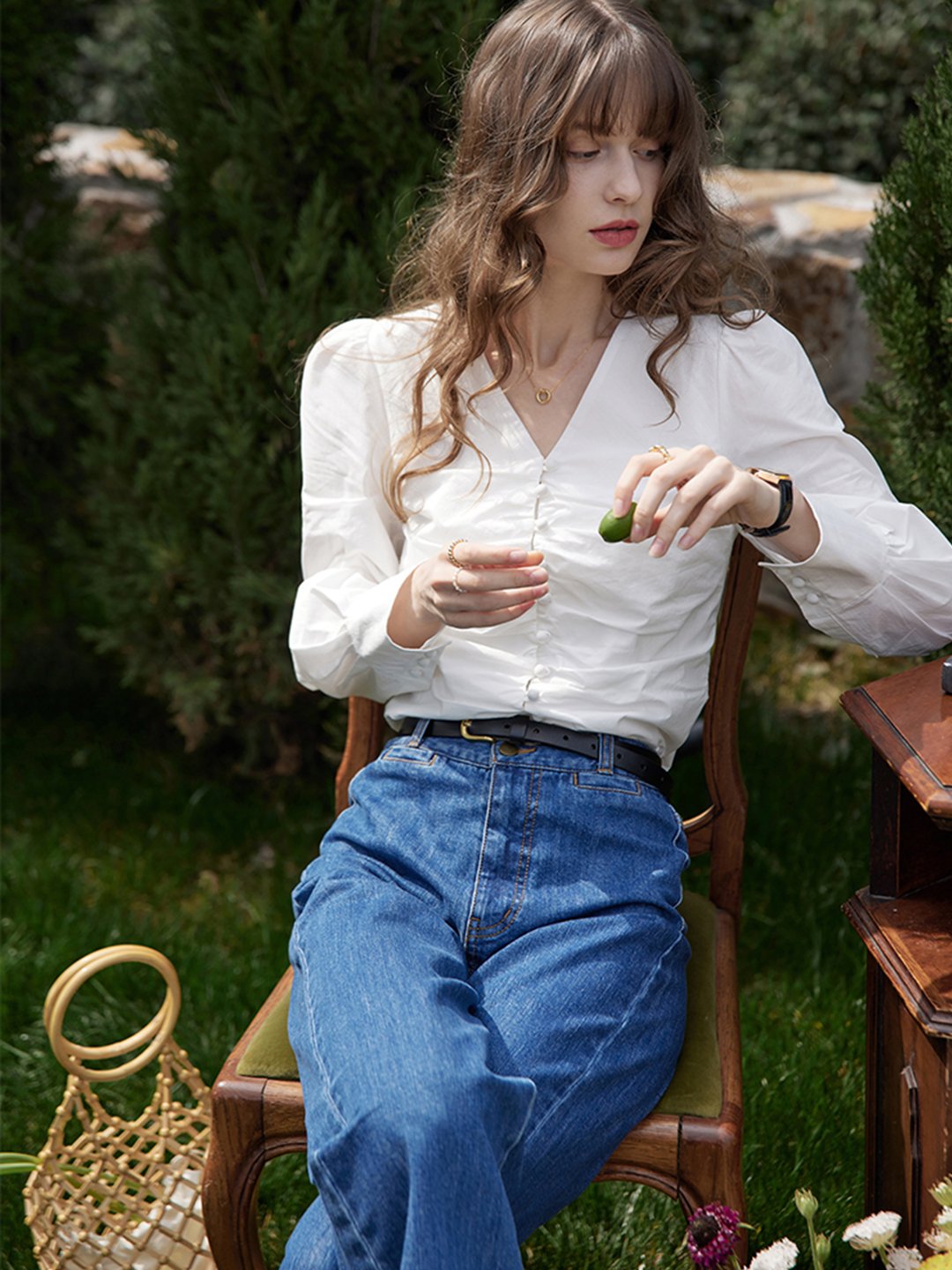 Jasmine Elegant V-Neck Puff sleeve Top-Blue