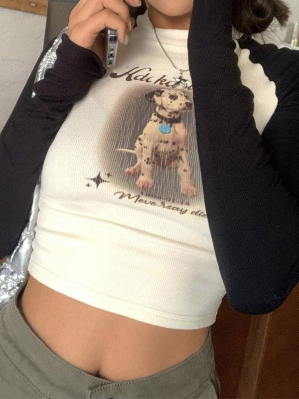 Raglan Puppy Print Slim Crop Long Sleeve Knit