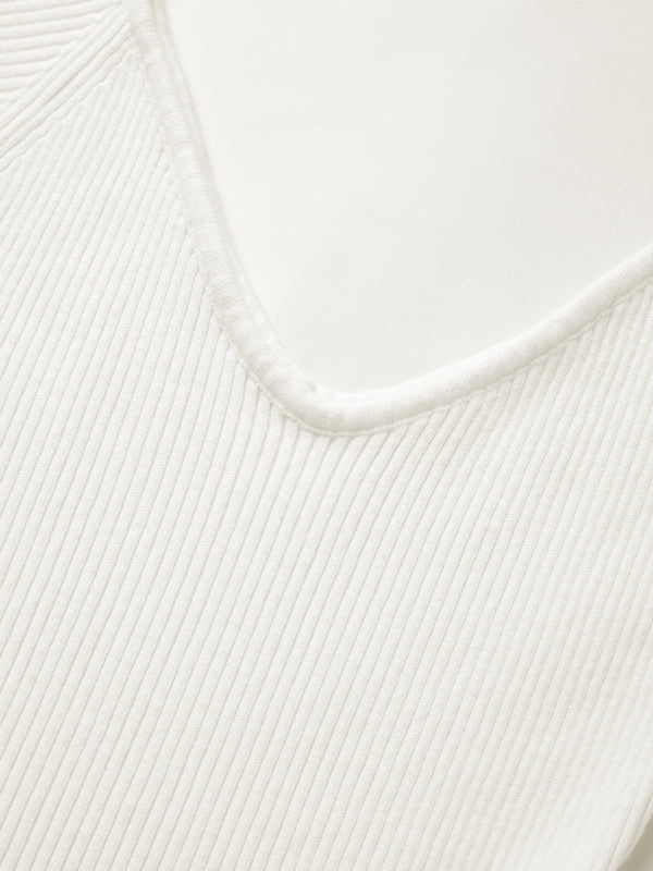 Solid V Neck Ribbed A-line Knit Mini Dress