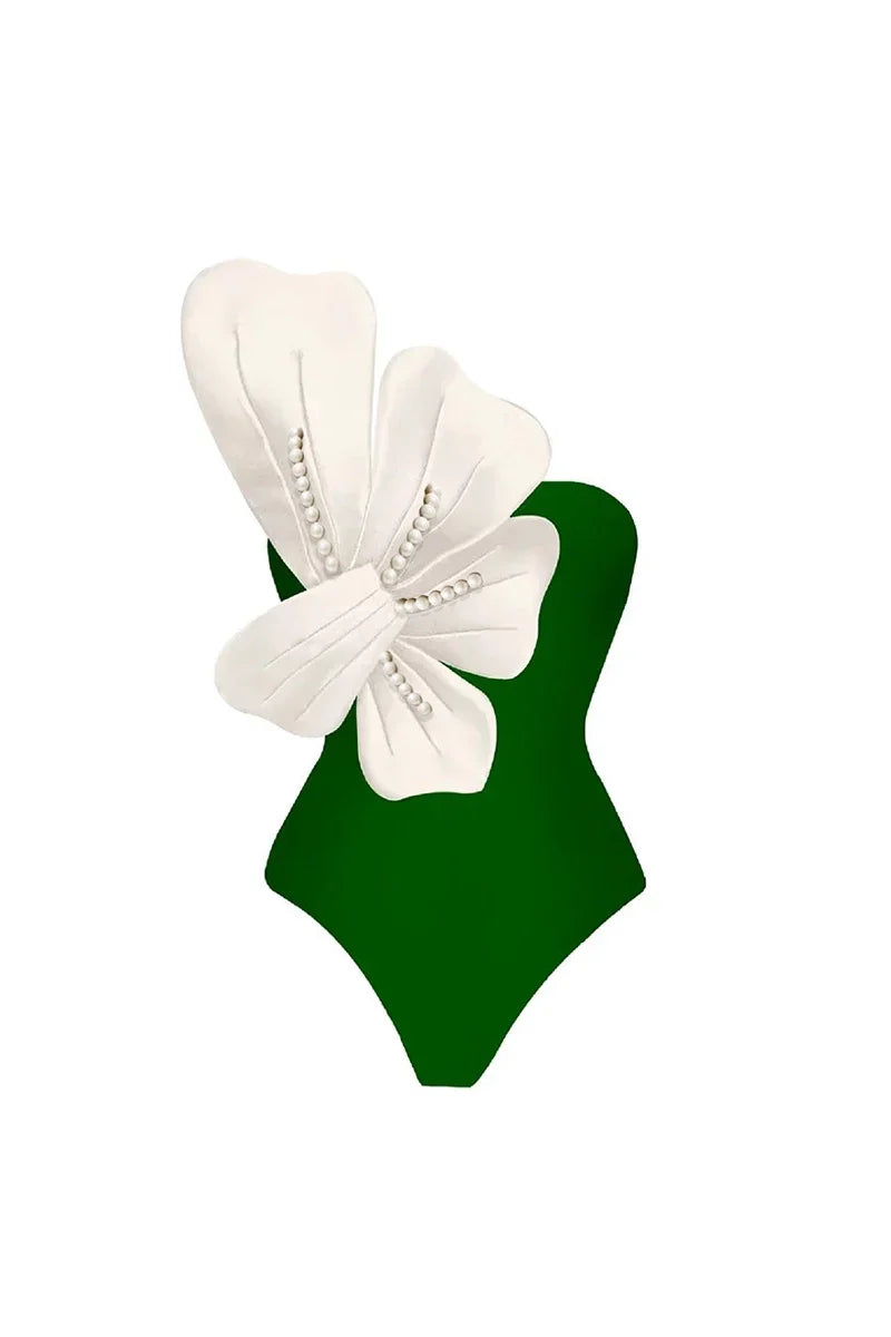 Conjunto de traje de baño verde con adornos florales de perlas