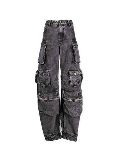 Washed Distressed Gray Multi Pocket Splice Cargo Jeans
