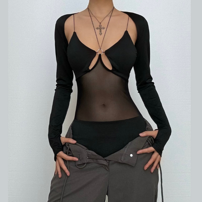 Long sleeve gloves o ring hollow out shrug 2 piece bodysuit  | Festival Outfits Women