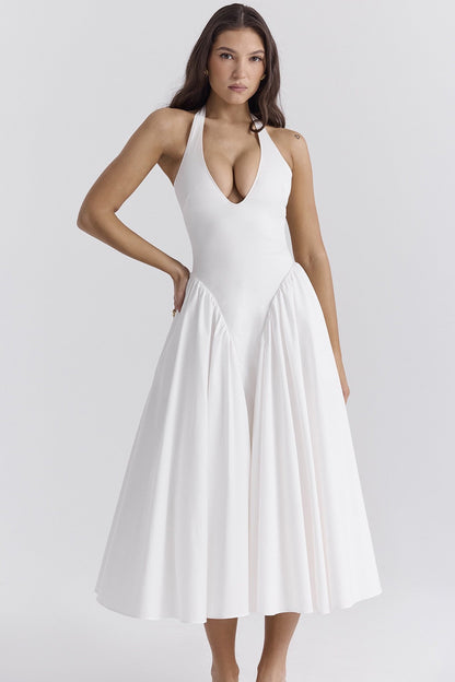 Vestido midi de algodón blanco con cuello halter