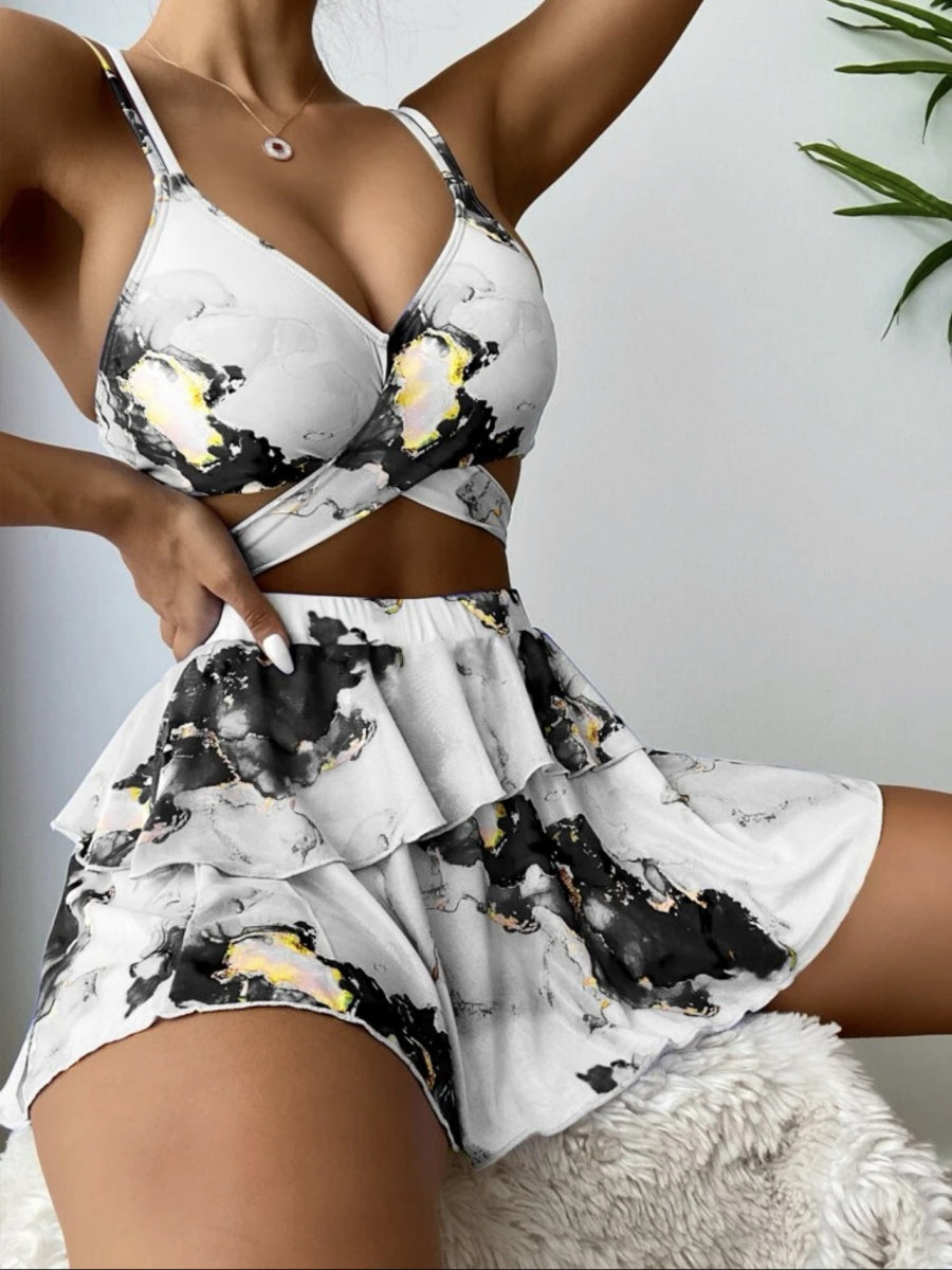 Marble Print Bikini Beach Dress Three-Piece Set