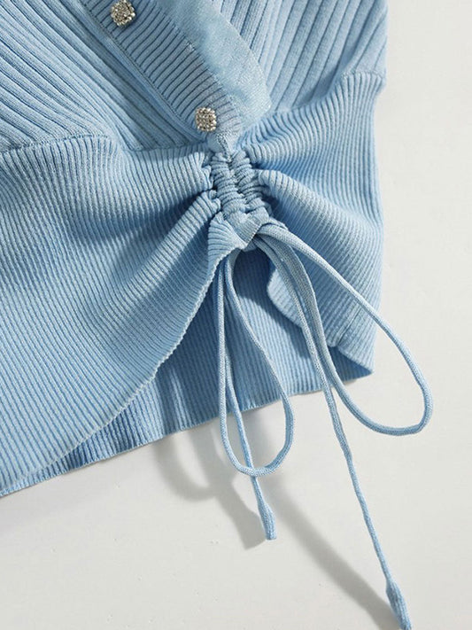 Sydney Elegant V-neck Drawstring Knitted Top-White