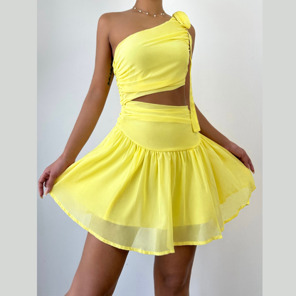 One shoulder chiffon self tie irregular mini dress  | Festival Outfits Women