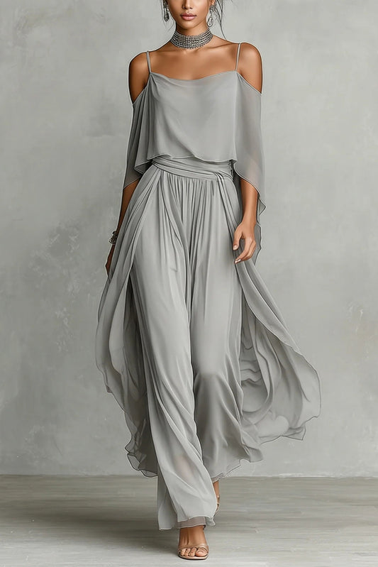 Solid Color Chiffon Off-shoulder Camisole Top and Casual Wide-leg Pants Set