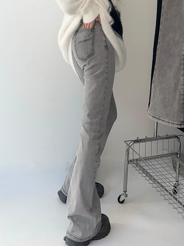 Washed Gray Elastic High Rise Flare Jeans