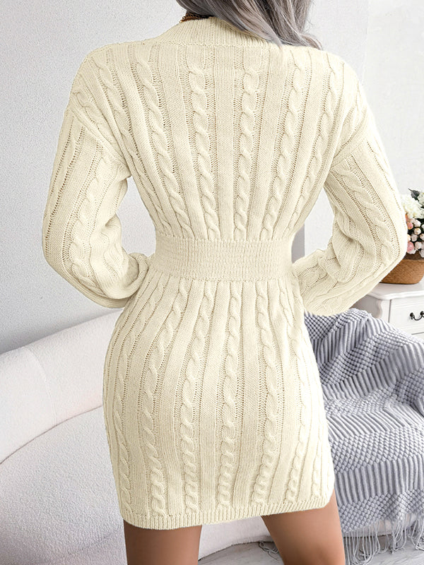 Solid V Neck Cable Knit Mini Dress