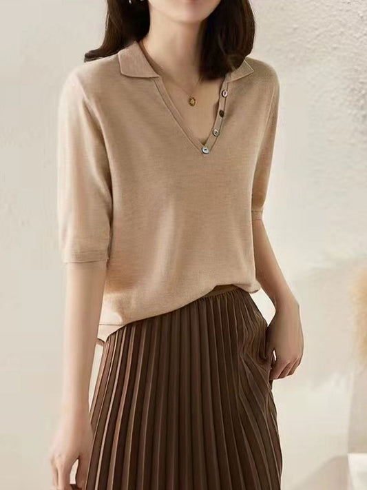 Madison Casual V-Neck Solid Color Knitted Top