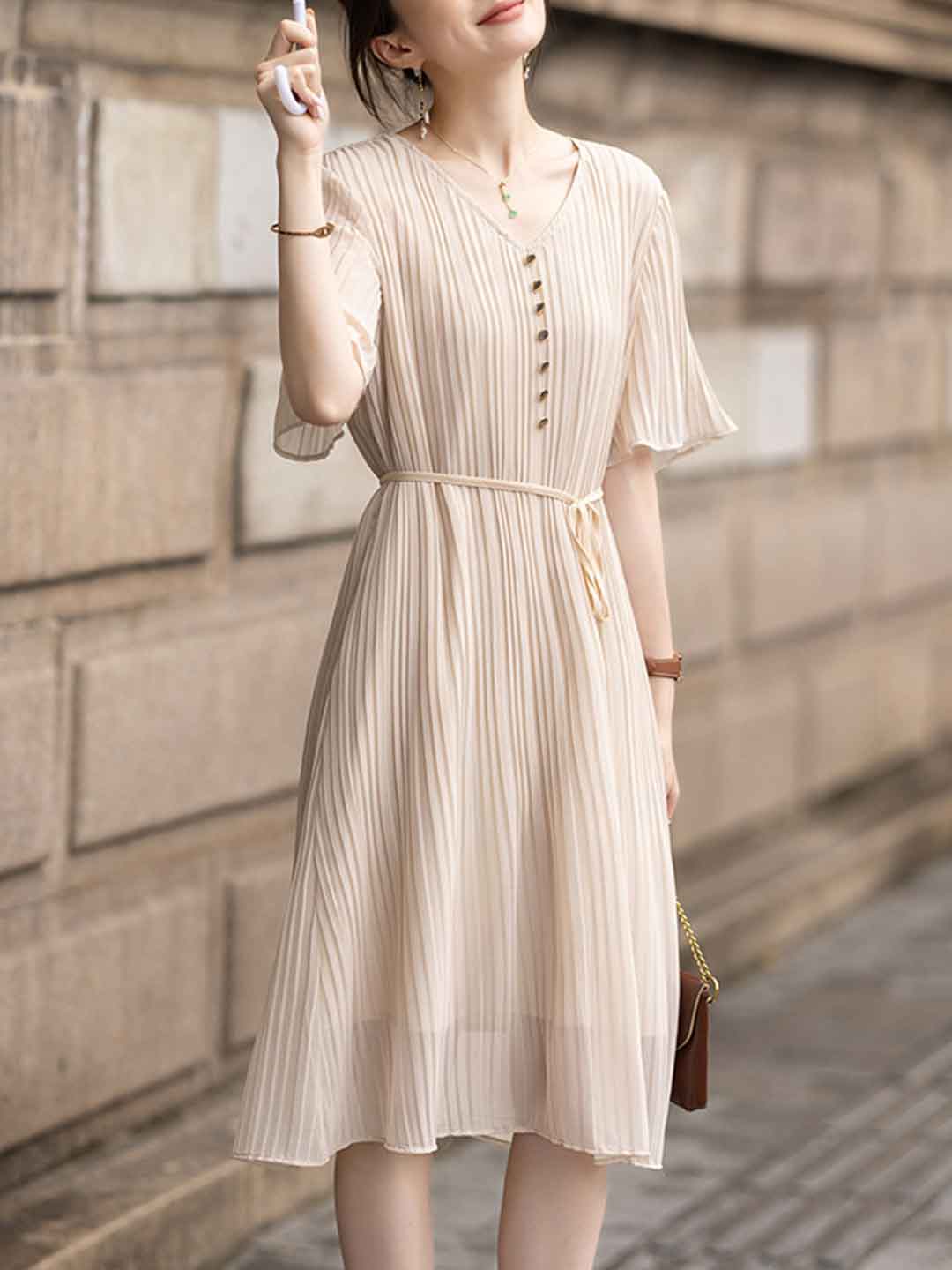 Jessica Elegant V-neck Solid Color Dress